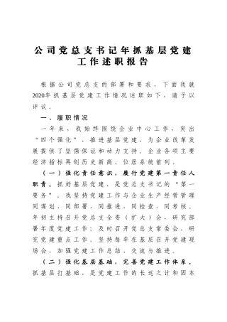 公司党总支书记年抓基层党建工作述职报告