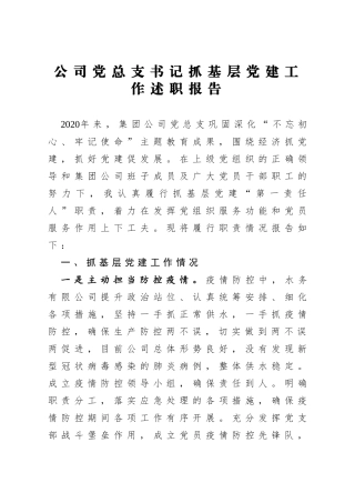 公司党总支书记抓基层党建工作述职报告
