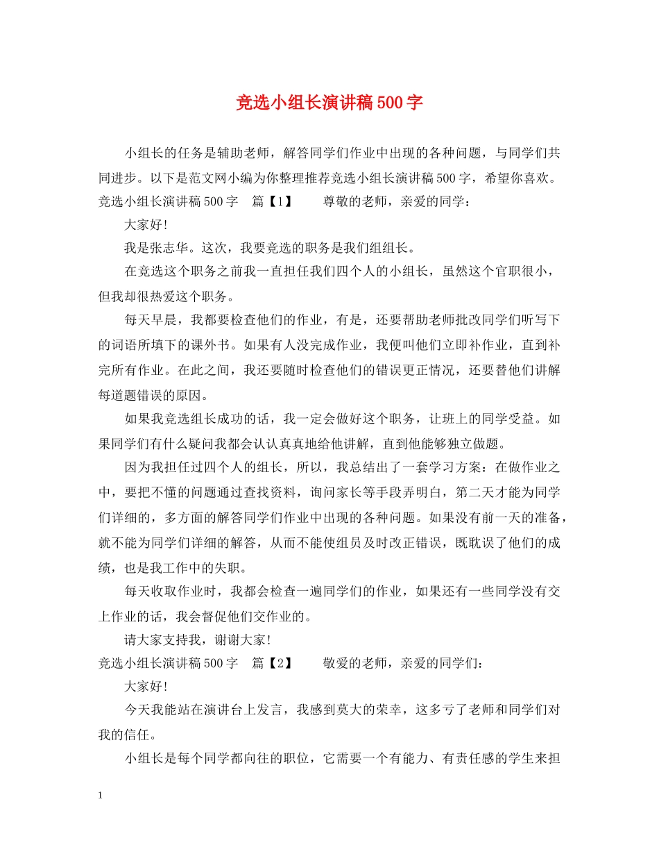 竞选小组长演讲稿500字 _第1页