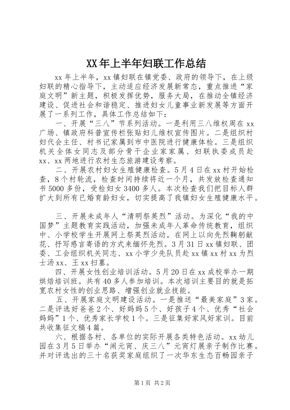 XX年上半年妇联工作总结_第1页