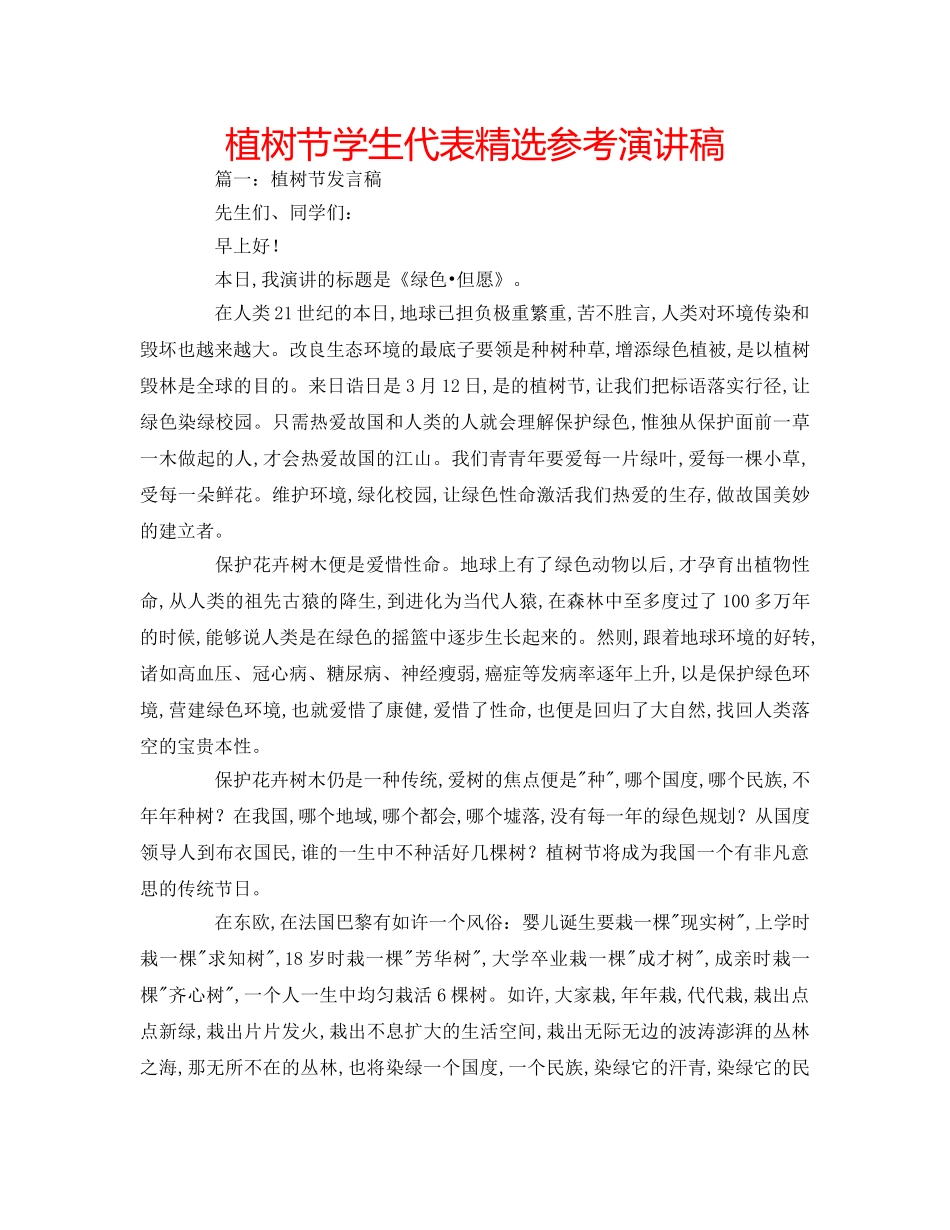 植树节学生代表精选参考演讲稿 _第1页