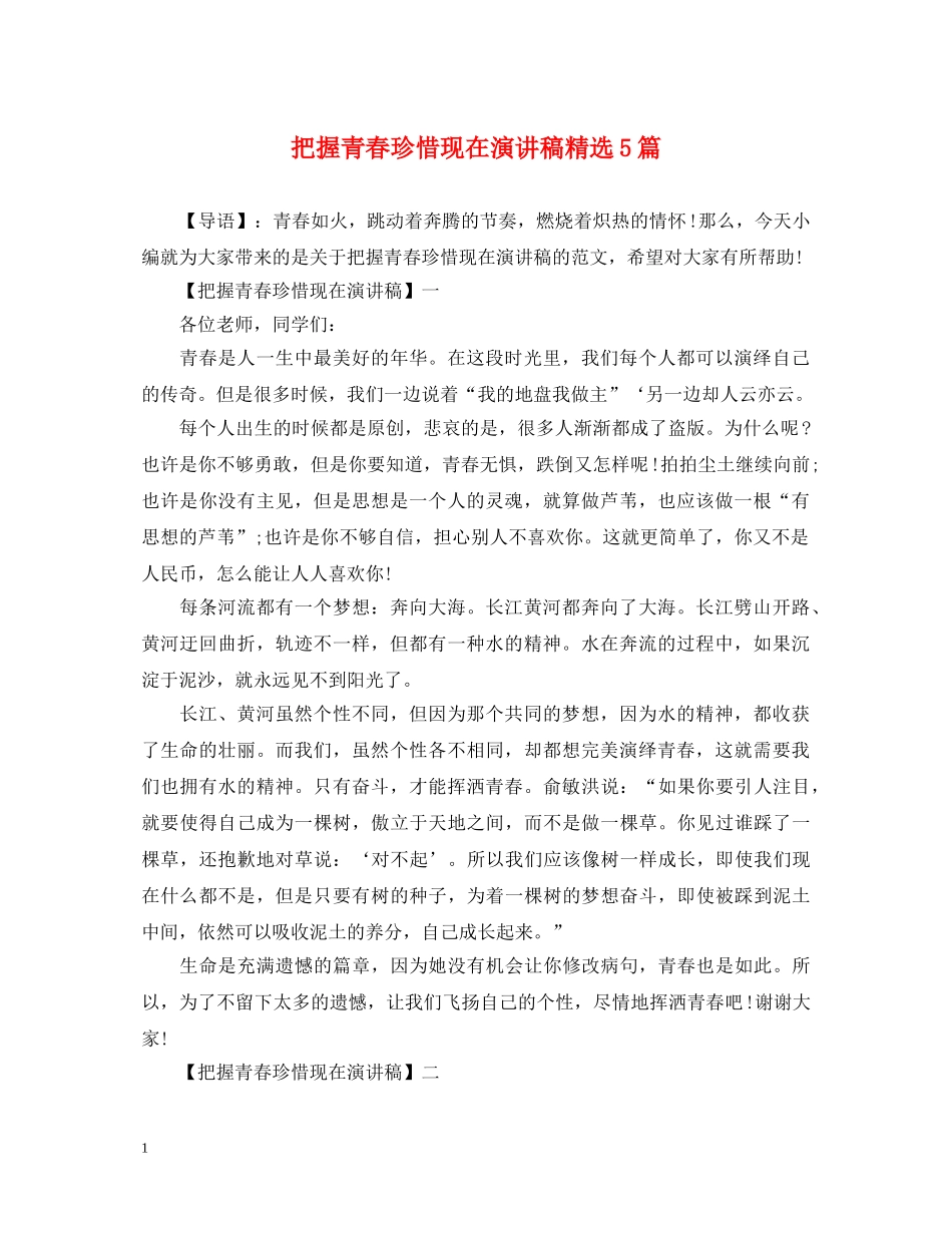 把握青春珍惜现在演讲稿精选5篇 _第1页