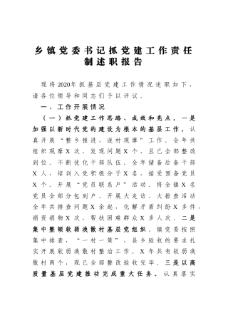 乡镇党委书记抓党建工作责任制述职报告