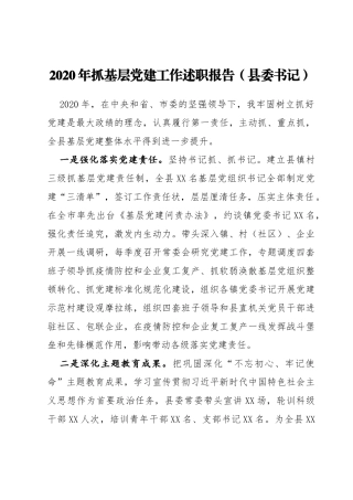 2020年抓基层党建工作述职报告（县委书记）