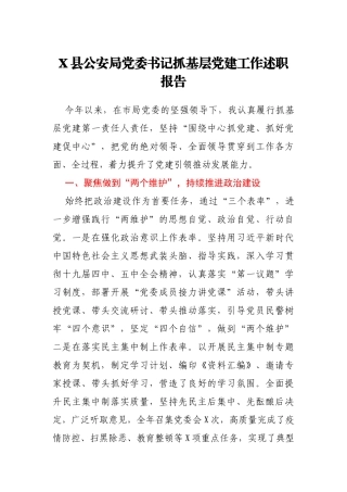 X县公安局党委书记抓基层党建工作述职报告