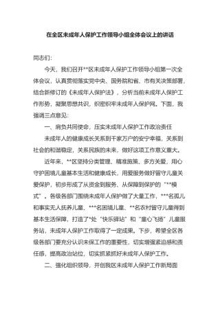 在全区未成年人保护工作领导小组全体会议上的讲话