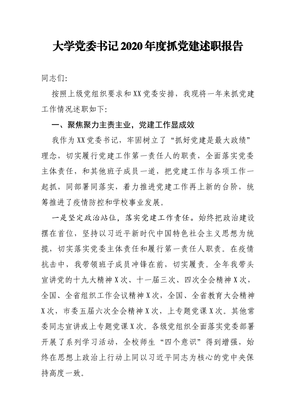 大学党委书记2020年度抓党建述职报告_第1页