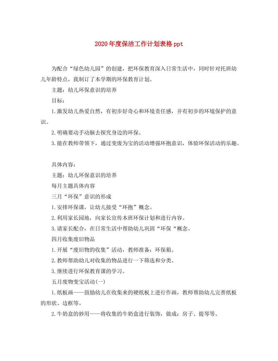 2020年度保洁工作计划表格ppt_第1页