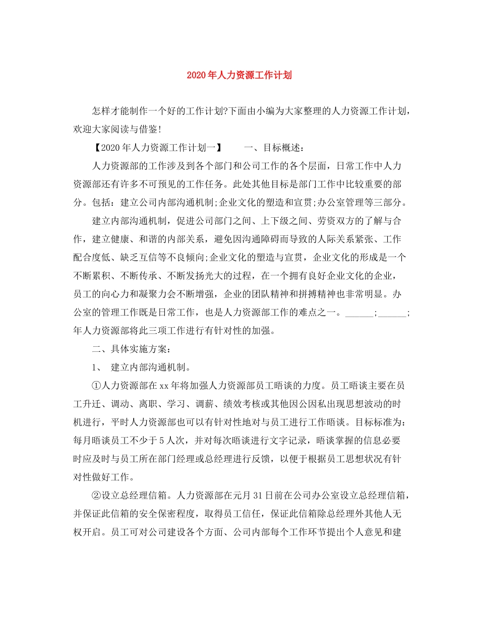 2020年人力资源工作计划_第1页
