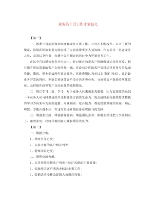业务员下月工作计划范文