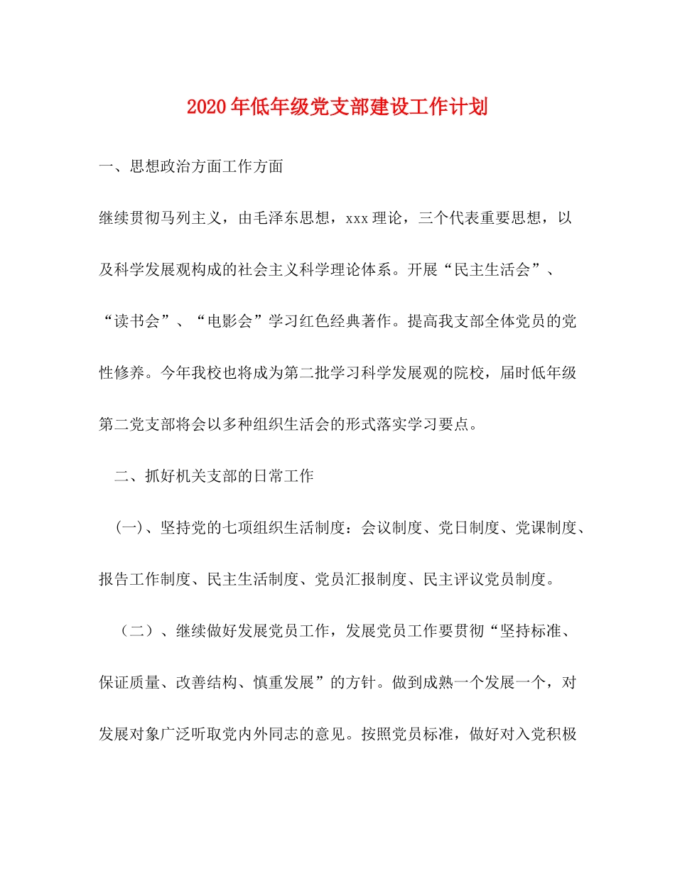 2020年低年级党支部建设工作计划_第1页