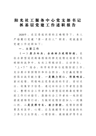 阳光社工服务中心党支部书记抓基层党建工作述职报告