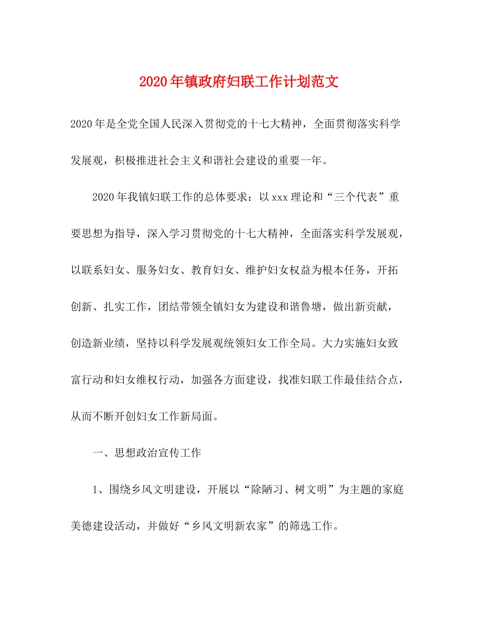 2020年镇政府妇联工作计划范文_第1页