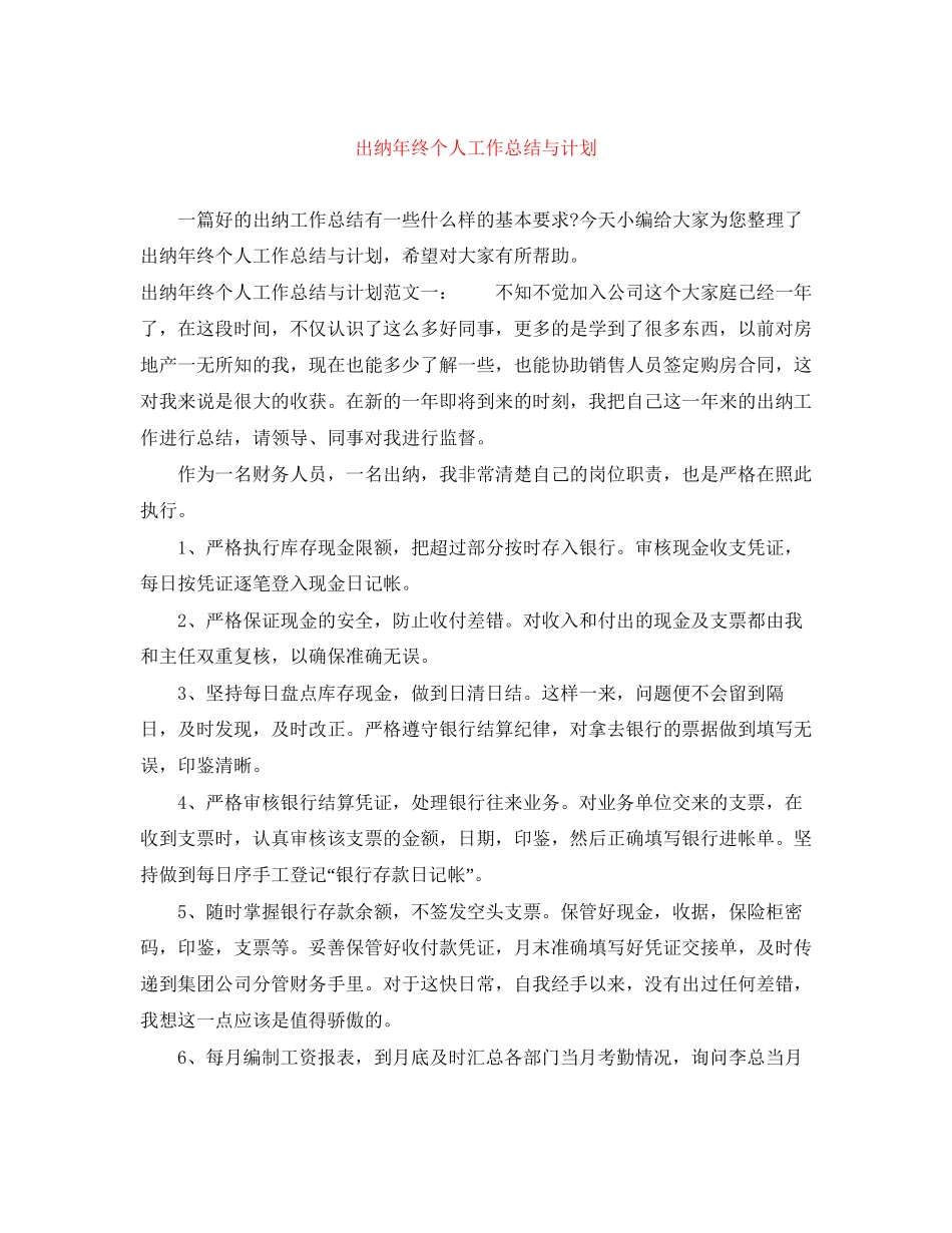 出纳年终个人工作总结与计划_第1页