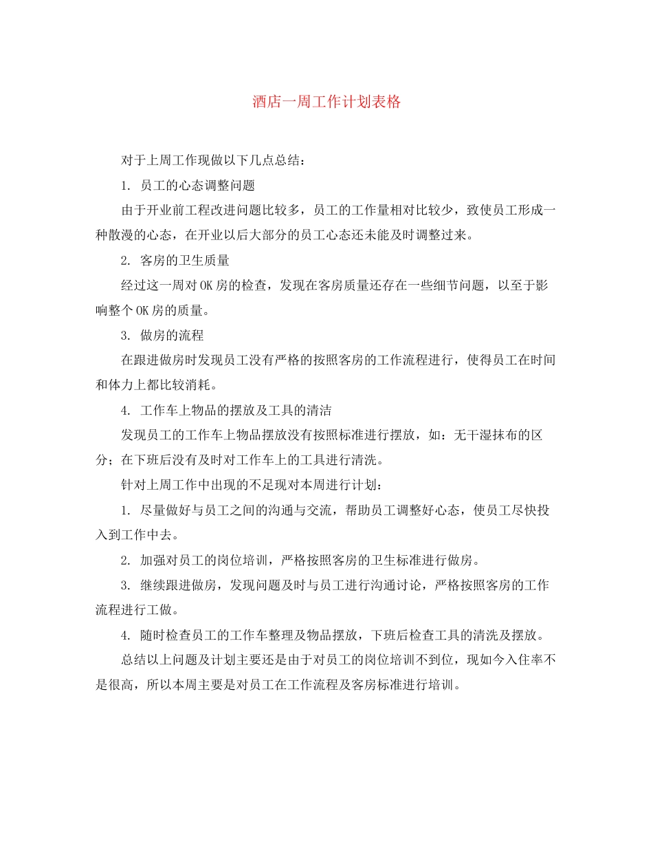 酒店一周工作计划表格_第1页