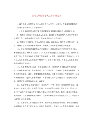 公司人事经理个人工作计划范文