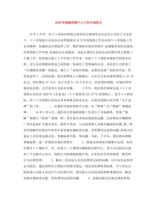 2020年保险经理个人工作计划范文