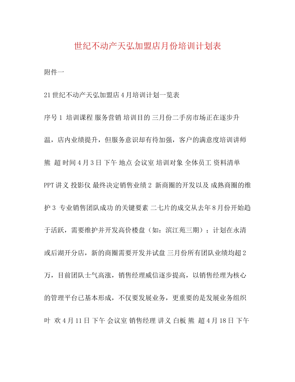 世纪不动产天弘加盟店月份培训计划表_第1页