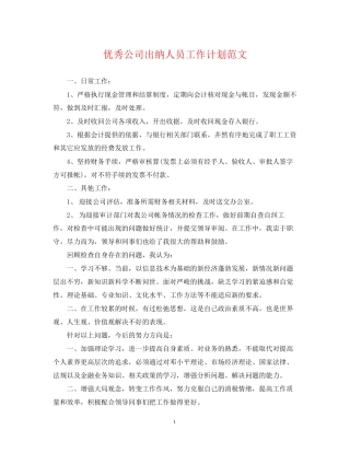 优秀公司出纳人员工作计划范文