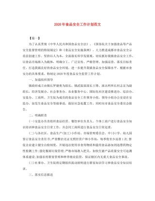 2020年食品安全工作计划范文