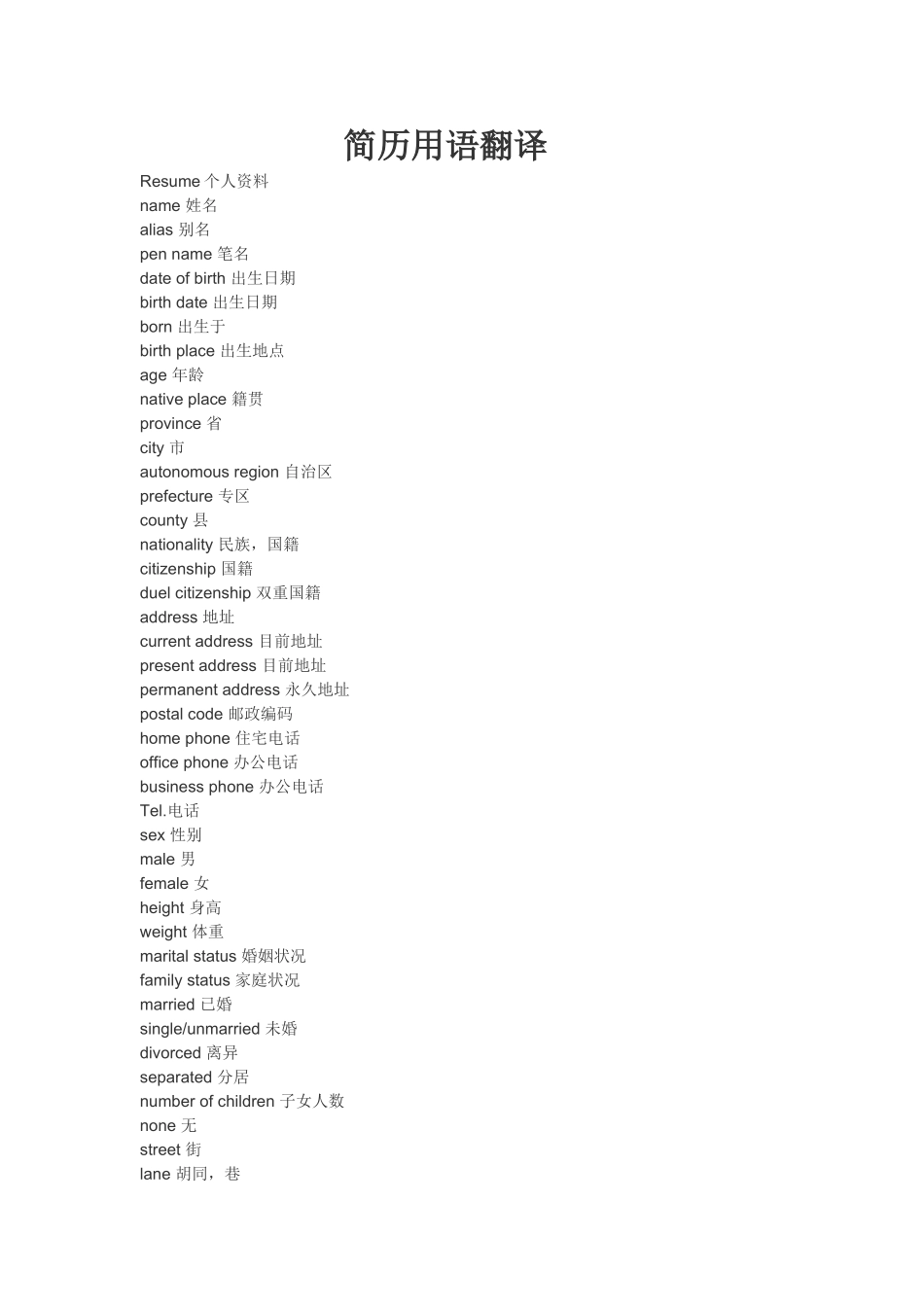 简历用语翻译_第1页