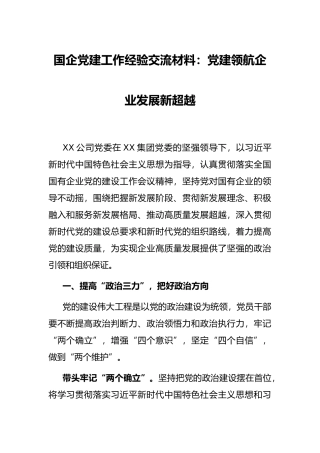 国企党建工作经验交流材料：党建领航企业发展新超越
