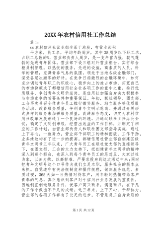 20XX年农村信用社工作总结
