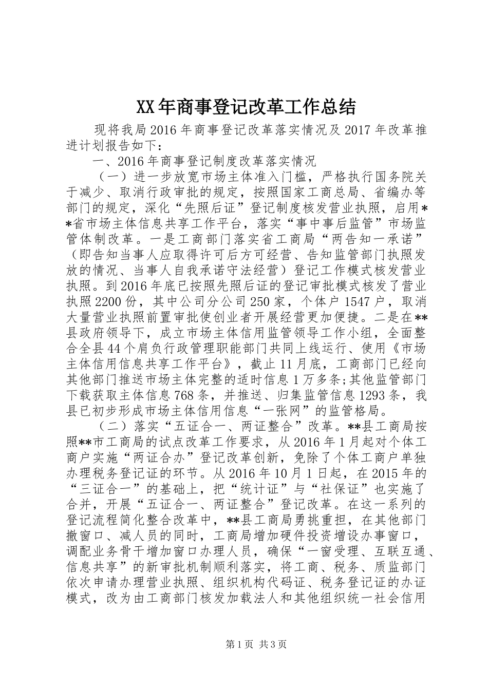 XX年商事登记改革工作总结 _第1页