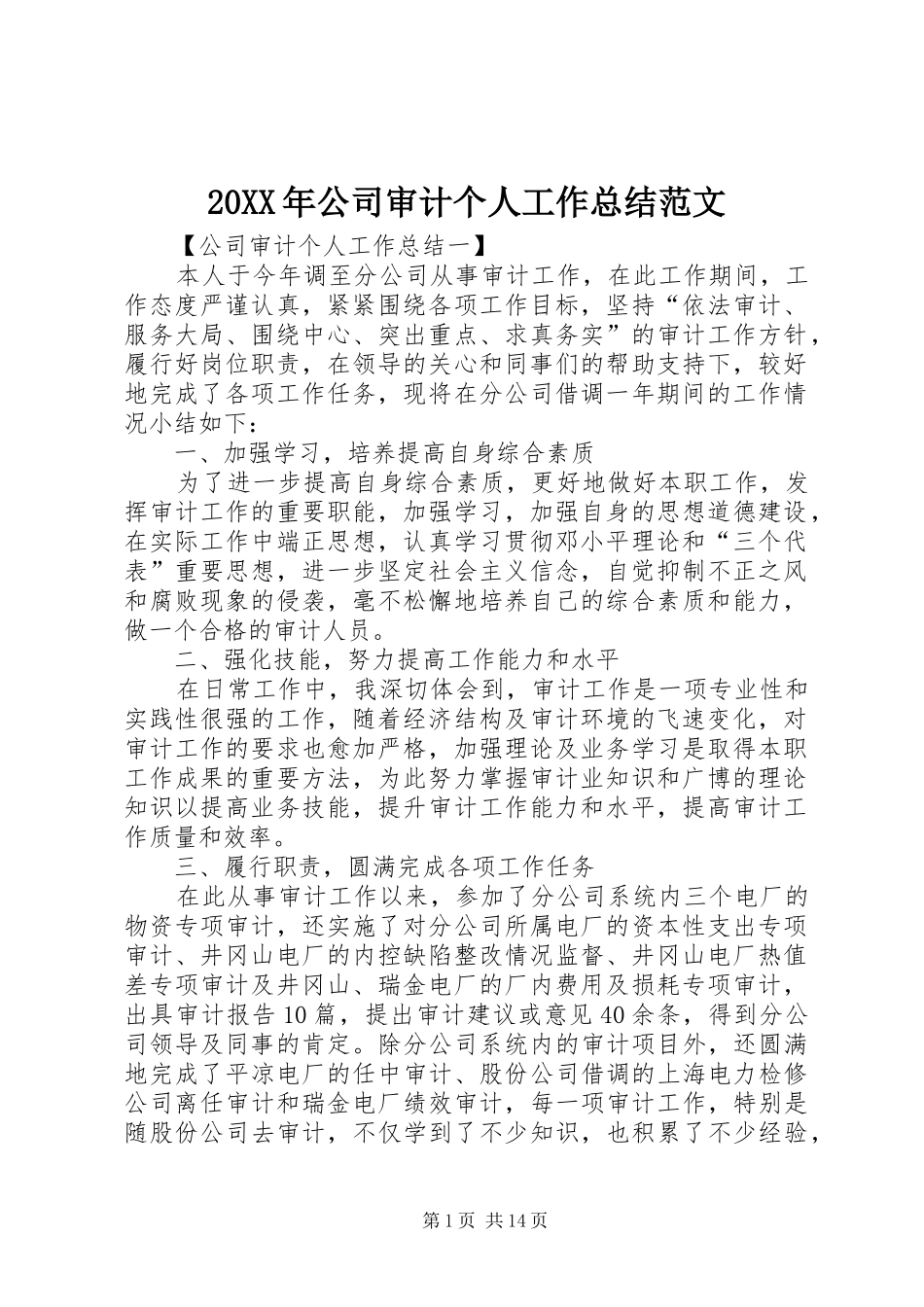 20XX年公司审计个人工作总结范文_第1页