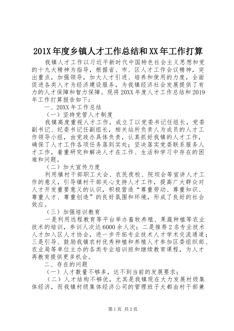 202X年度乡镇人才工作总结和XX年工作打算_第1页