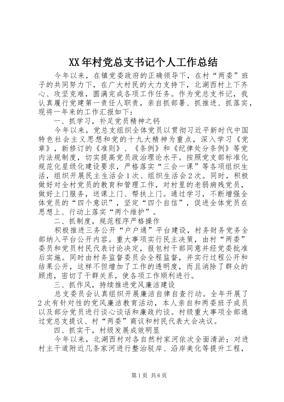 XX年村党总支书记个人工作总结 _第1页