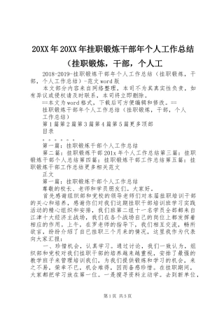 20XX年20XX年挂职锻炼干部年个人工作总结（挂职锻炼，干部，个人工