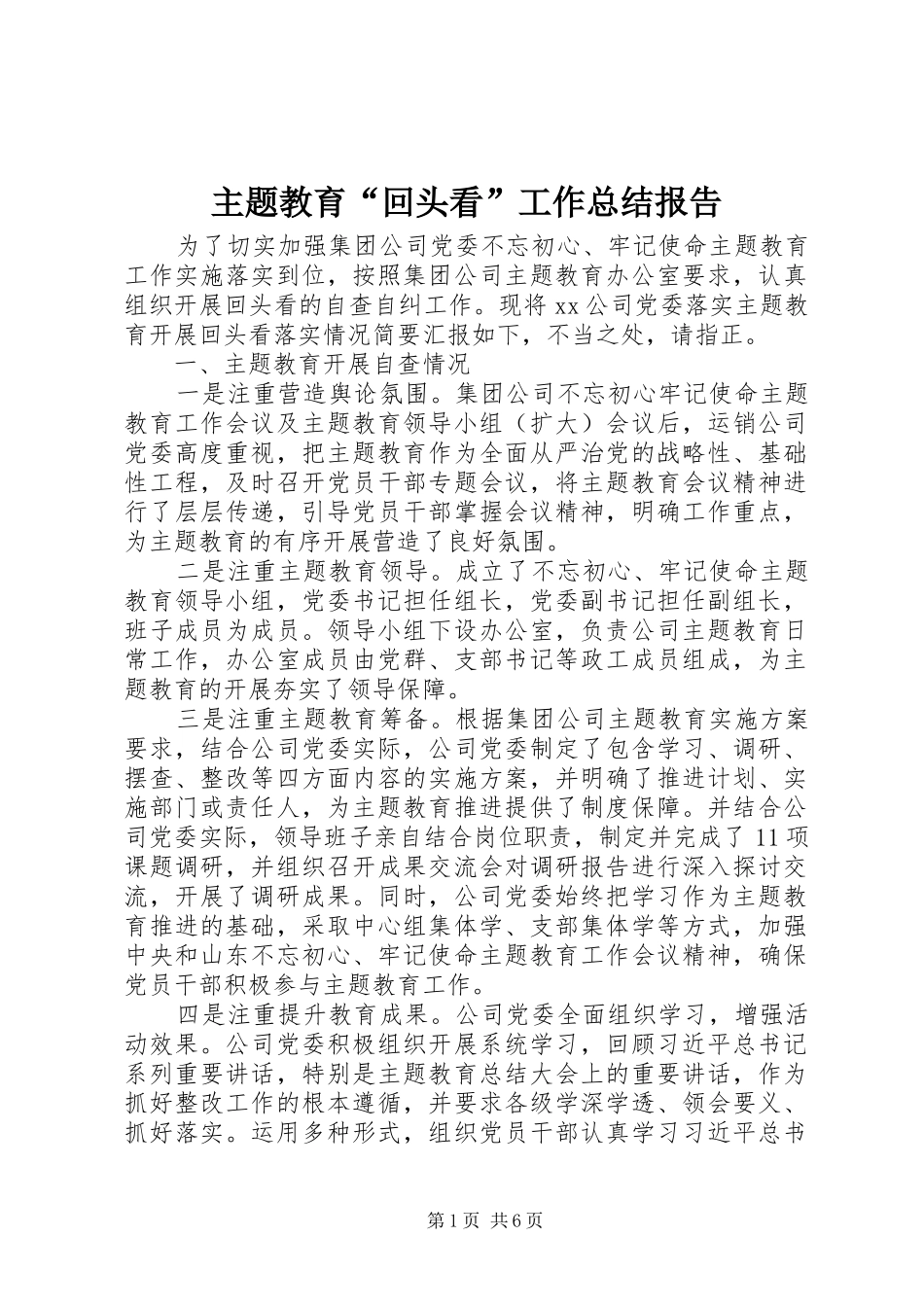 主题教育“回头看”工作总结报告 _第1页