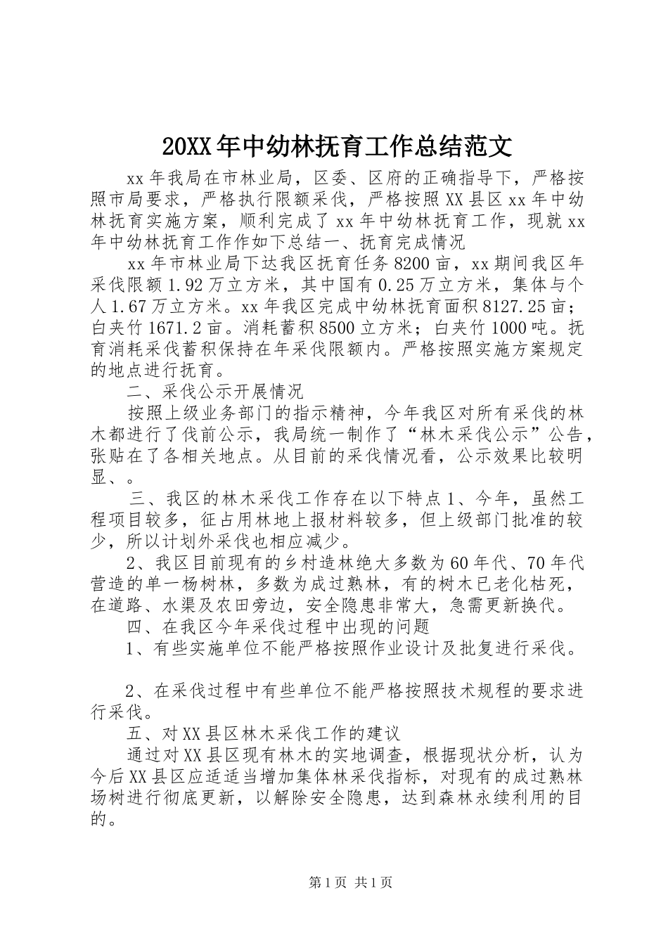 20XX年中幼林抚育工作总结范文_第1页