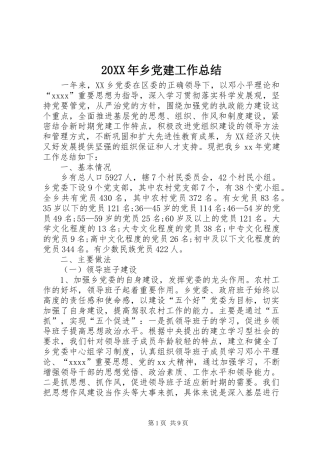 20XX年乡党建工作总结