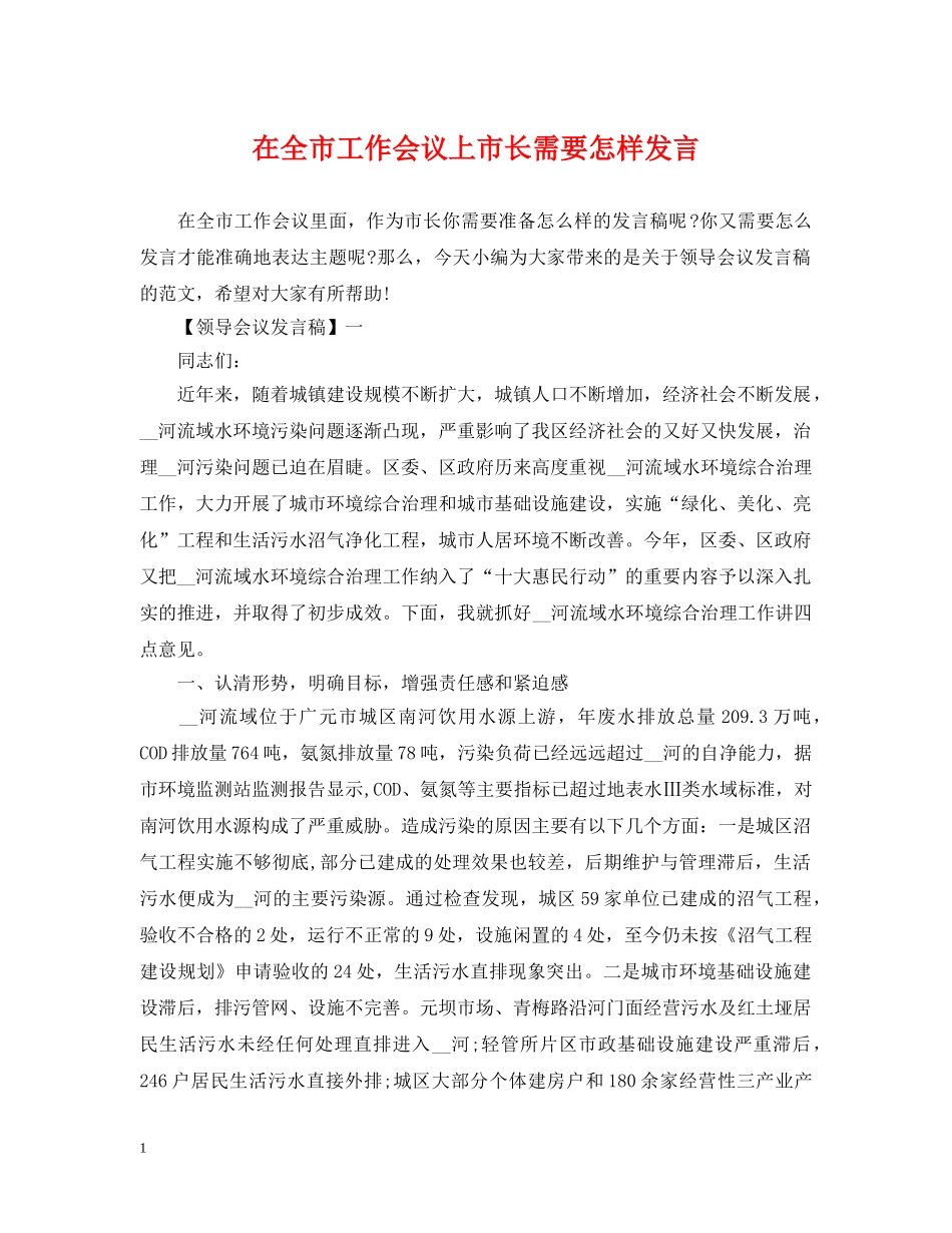 在全市工作会议上市长需要怎样发言 _第1页