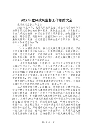 20XX年党风政风监督工作总结大全