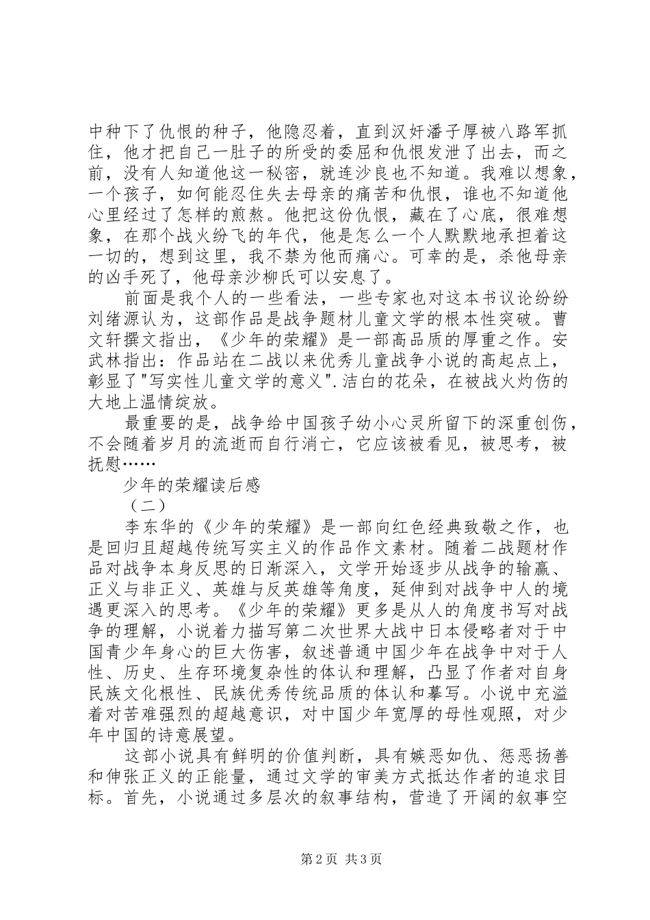 少年的荣耀读后心得_第2页