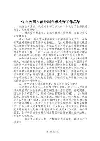 XX年公司内部控制专项检查工作总结 