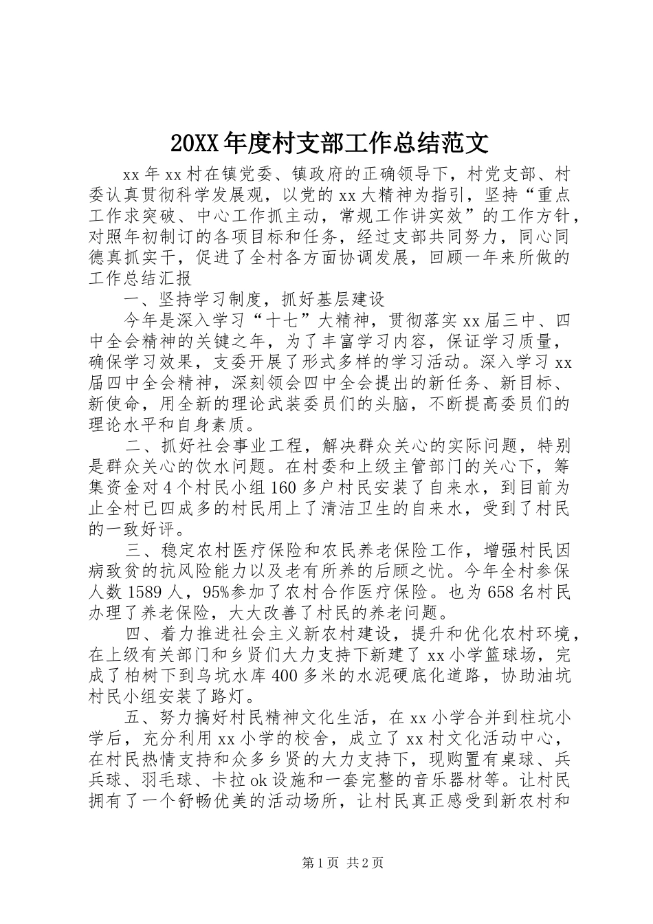 20XX年度村支部工作总结范文_第1页