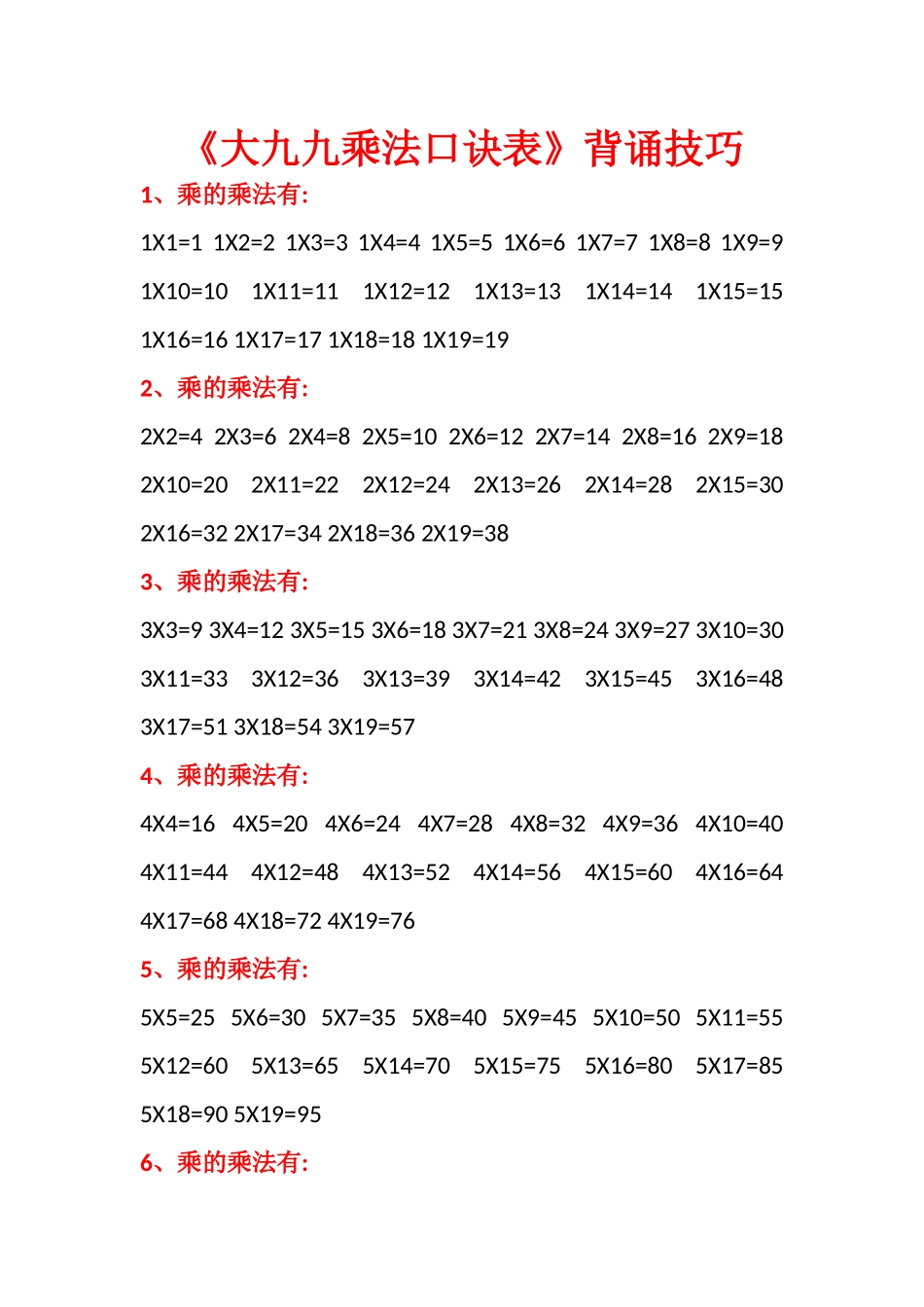 大九九乘法口诀表及背诵技巧_第1页