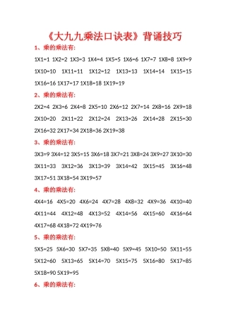 大九九乘法口诀表及背诵技巧