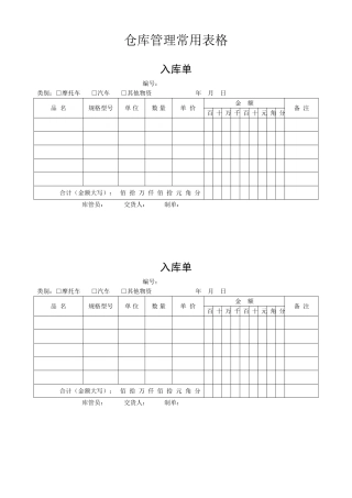仓库管理常用表格