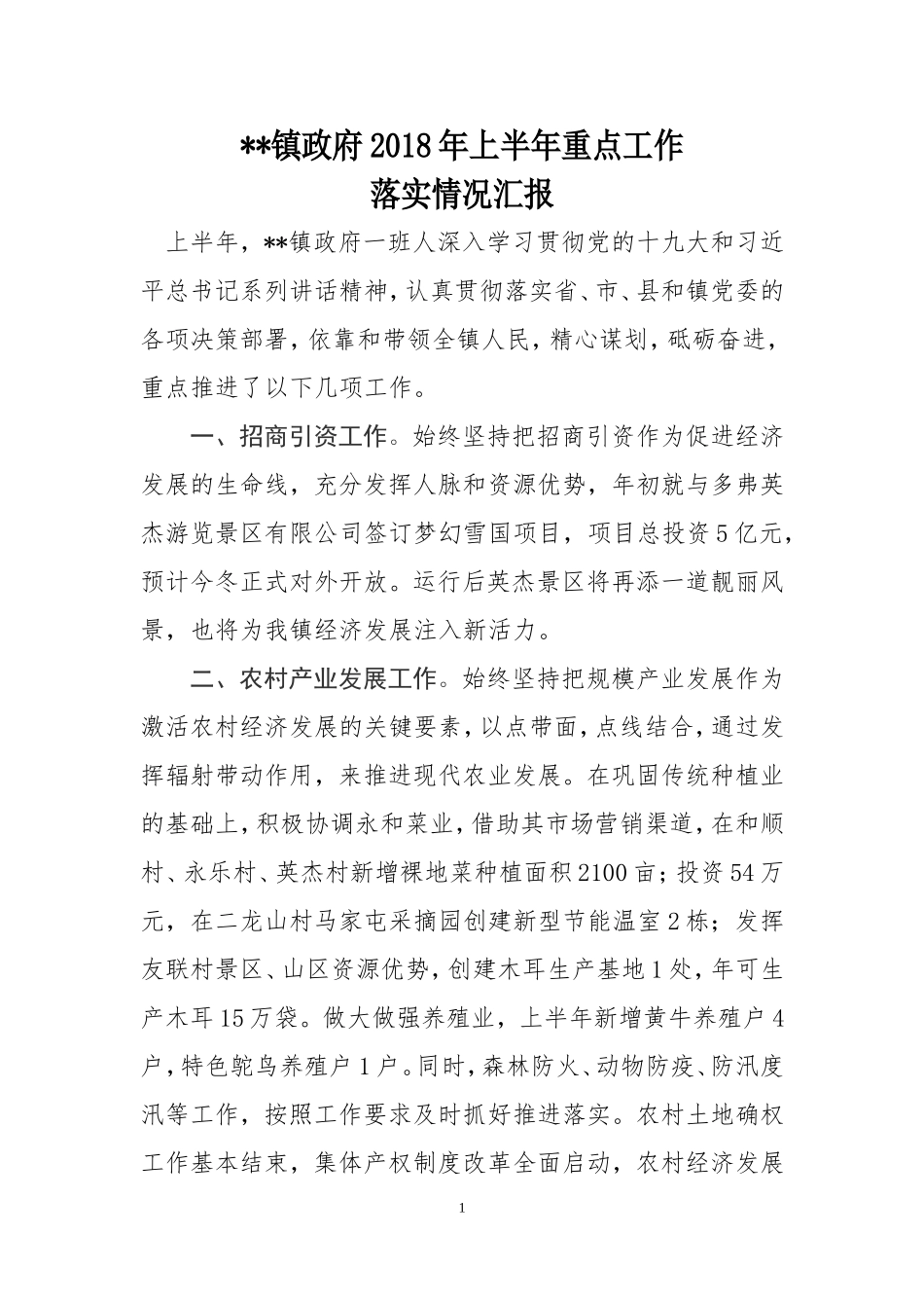 乡镇2018年上半年重点工作落实情况汇报_第1页