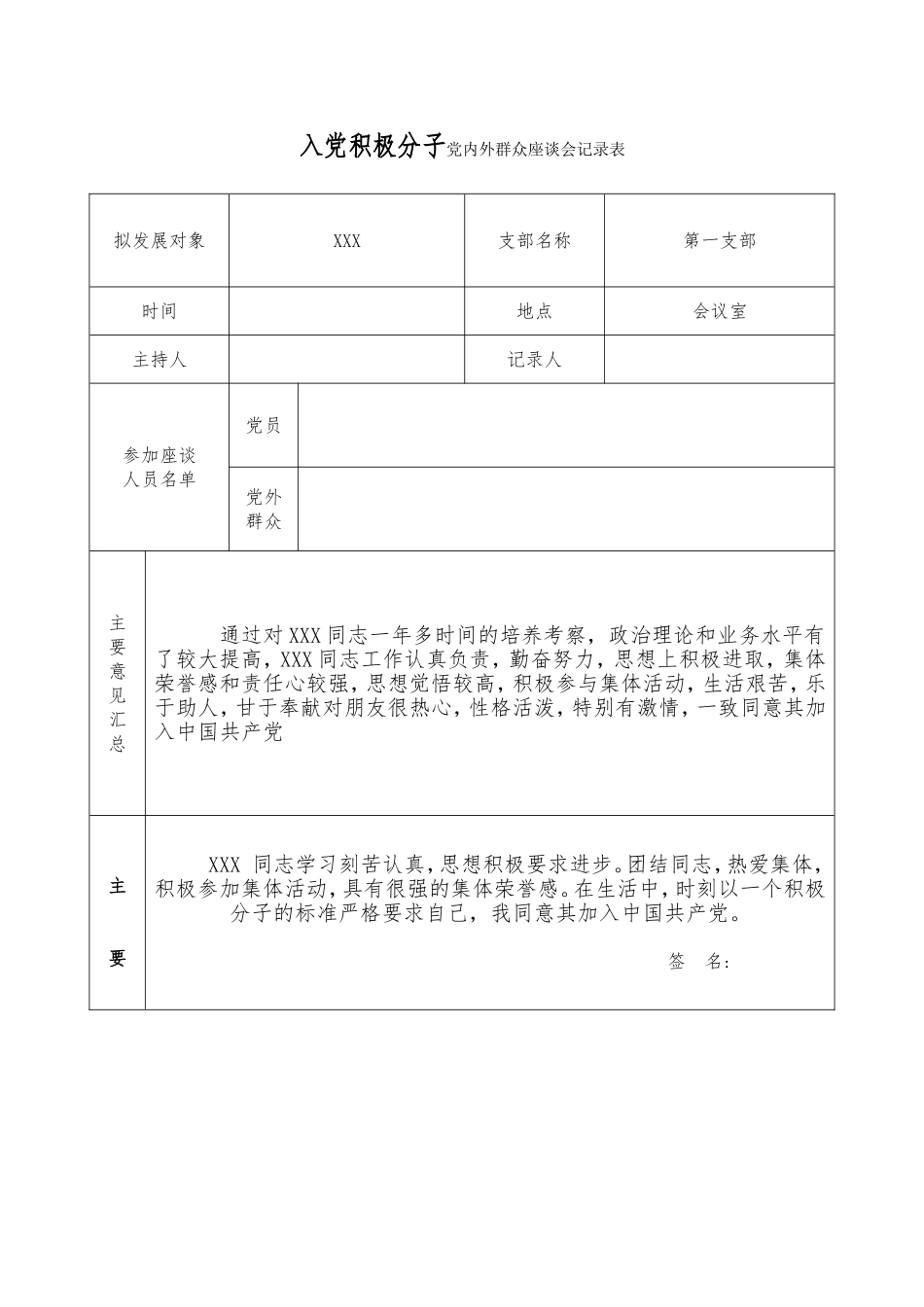 入党积极分子党内外群众座谈会记录表_第1页