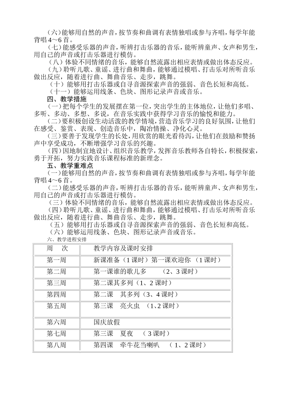 湖南文艺出版社一年级上册音乐计划及教案_第2页
