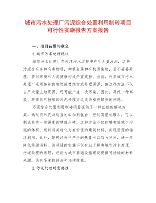 城市污水处理厂污泥综合处置利用制砖项目可行性实施报告方案报告