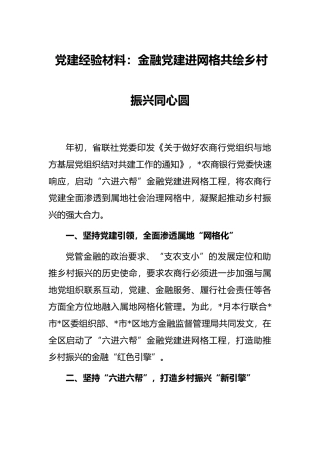 党建经验材料：金融党建进网格共绘乡村振兴同心圆