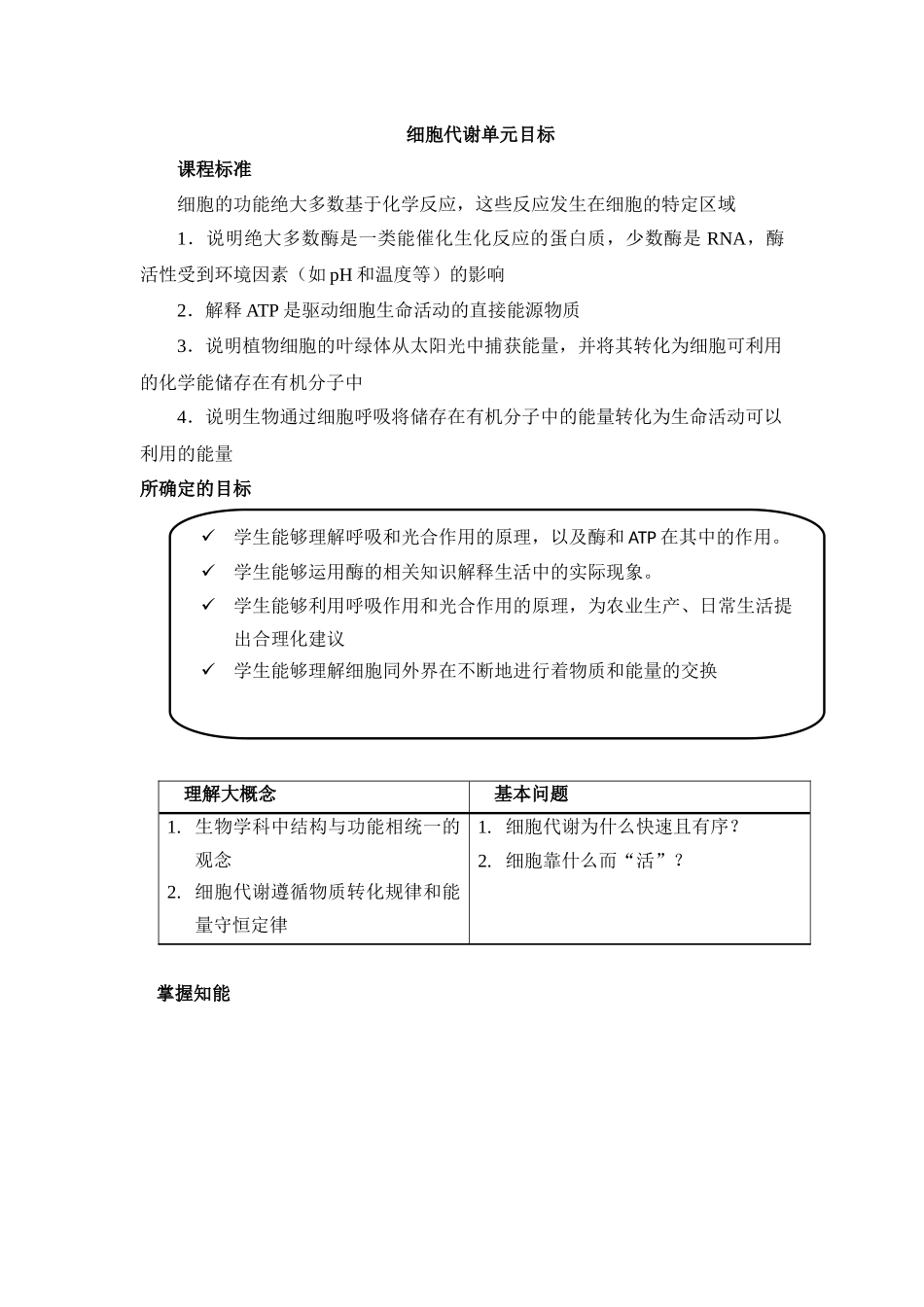 细胞代谢单元学习目标与光合作用UbD设计_第1页