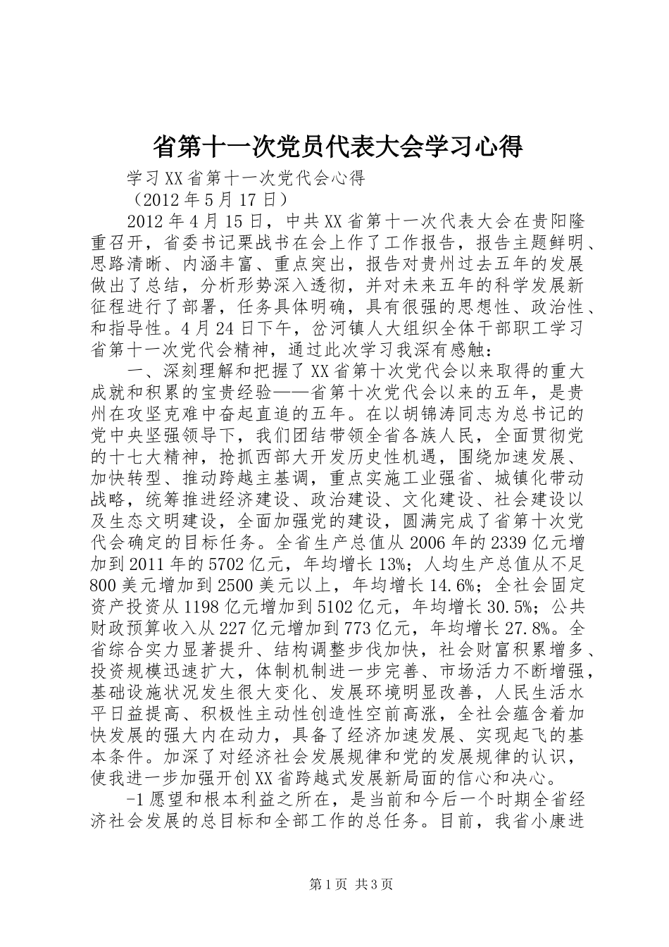 省第十一次党员代表大会学习体会_第1页